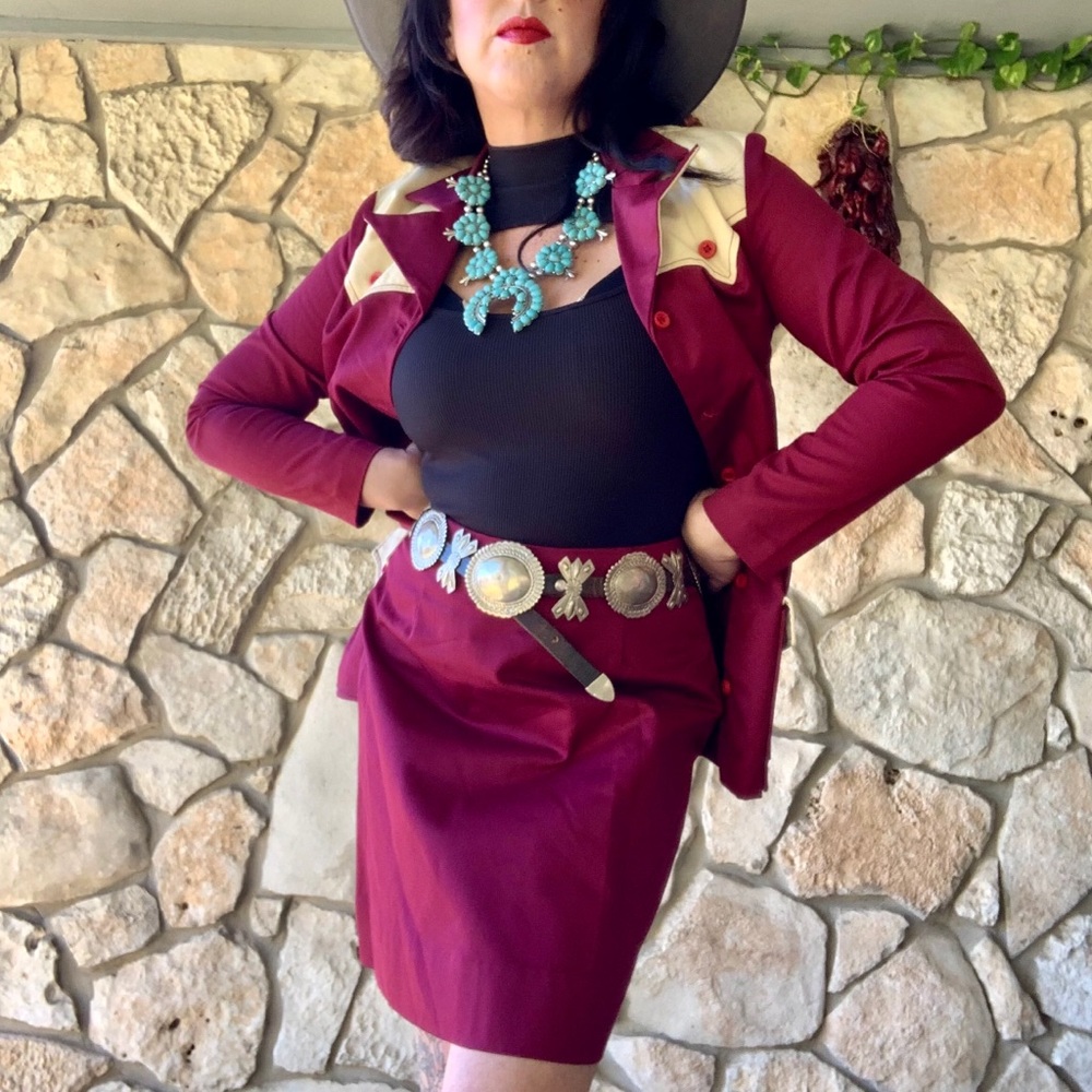 70s Vintage Maroon & Cream Western Skirt Suit